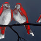 Painting of three birds with red and white plumage perched on a branch against a dark blue background. By Mitch Ferrin.
