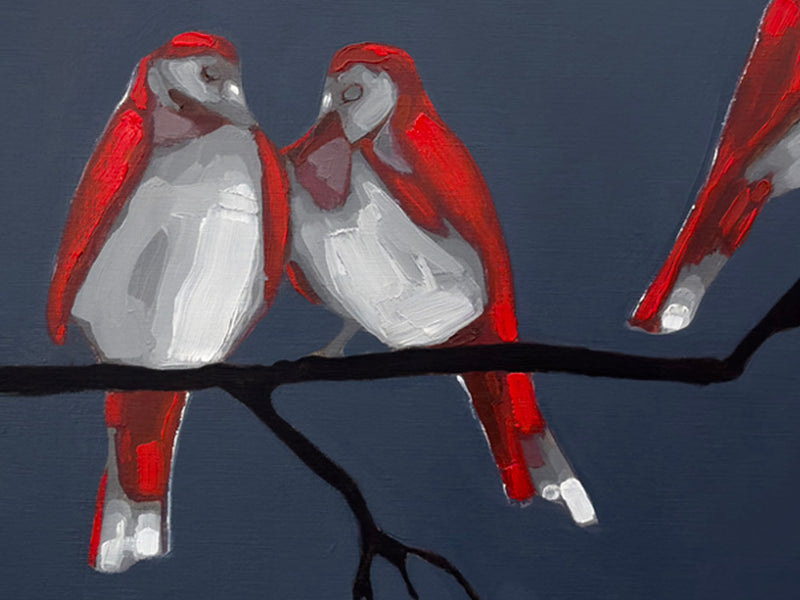Painting of three birds with red and white plumage perched on a branch against a dark blue background. By Mitch Ferrin.