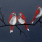 Painting of three birds with red and white plumage perched on a branch against a dark blue background. By Mitch Ferrin.