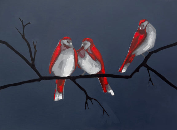 Painting of three birds with red and white plumage perched on a branch against a dark blue background. By Mitch Ferrin.