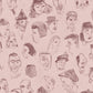 A repeating pattern of hand-drawn caricature faces in dark brown ink on a dusty pink background.