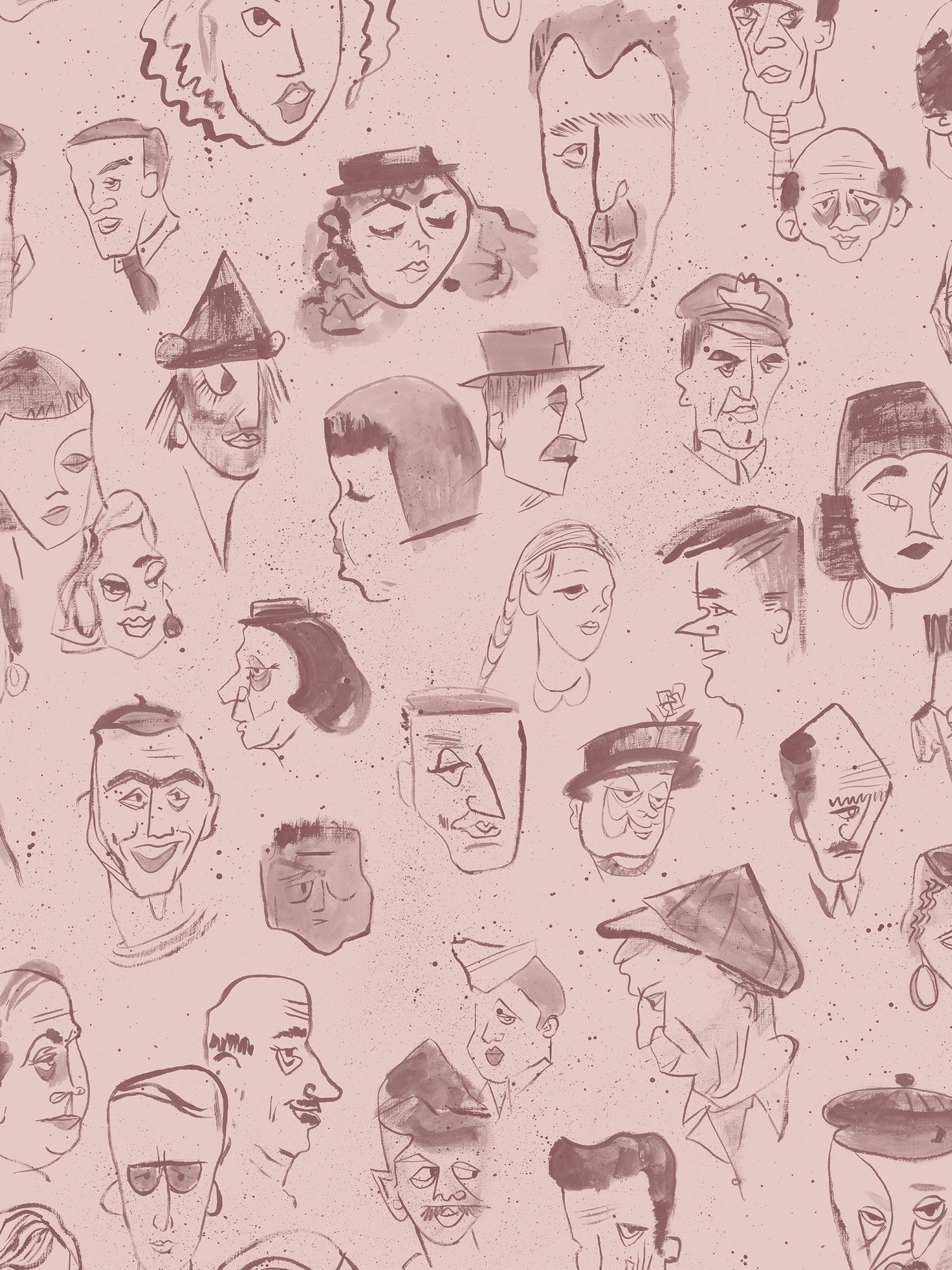 A repeating pattern of hand-drawn caricature faces in dark brown ink on a dusty pink background.