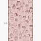 A repeating pattern of hand-drawn caricature faces in dark brown ink on a dusty pink background.