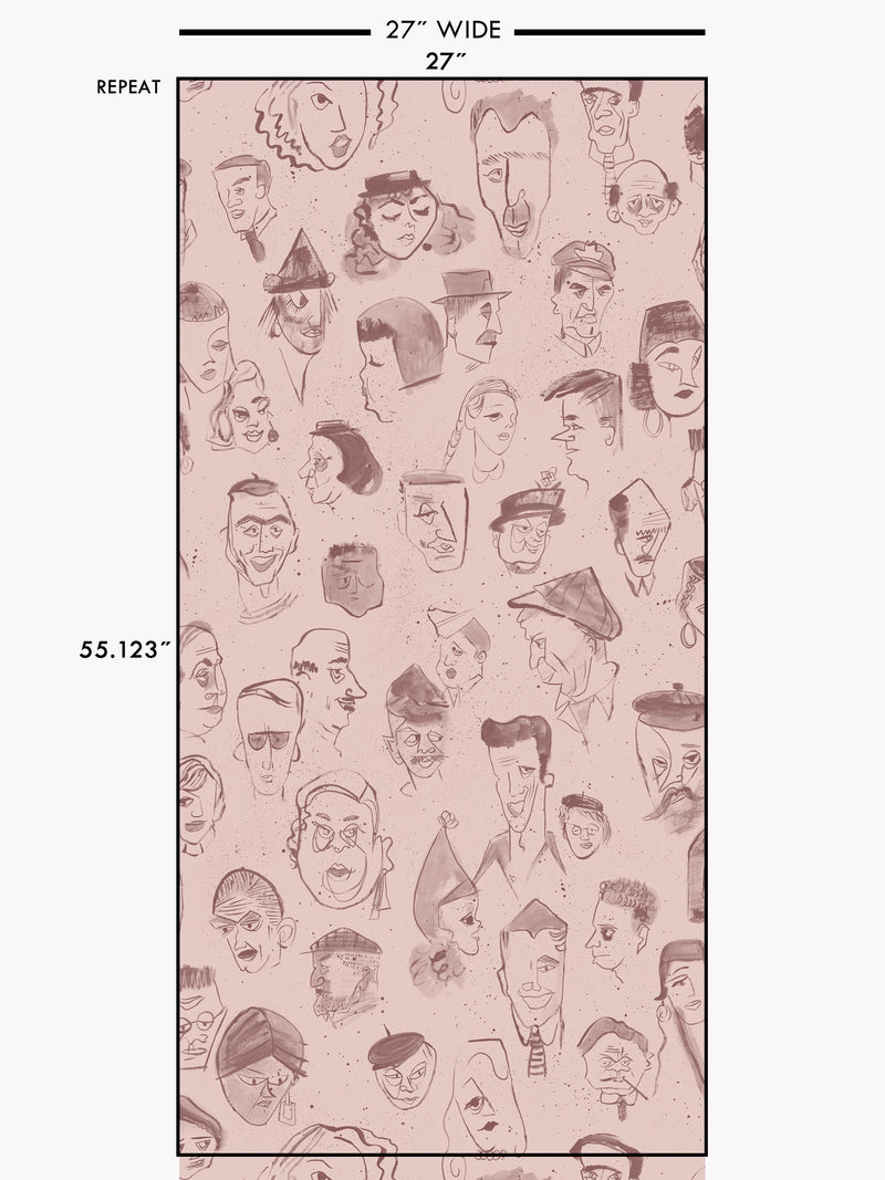 A repeating pattern of hand-drawn caricature faces in dark brown ink on a dusty pink background.