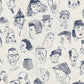 A repeat pattern of hand-drawn caricature faces in dark blue ink on a warm off-white textured background.