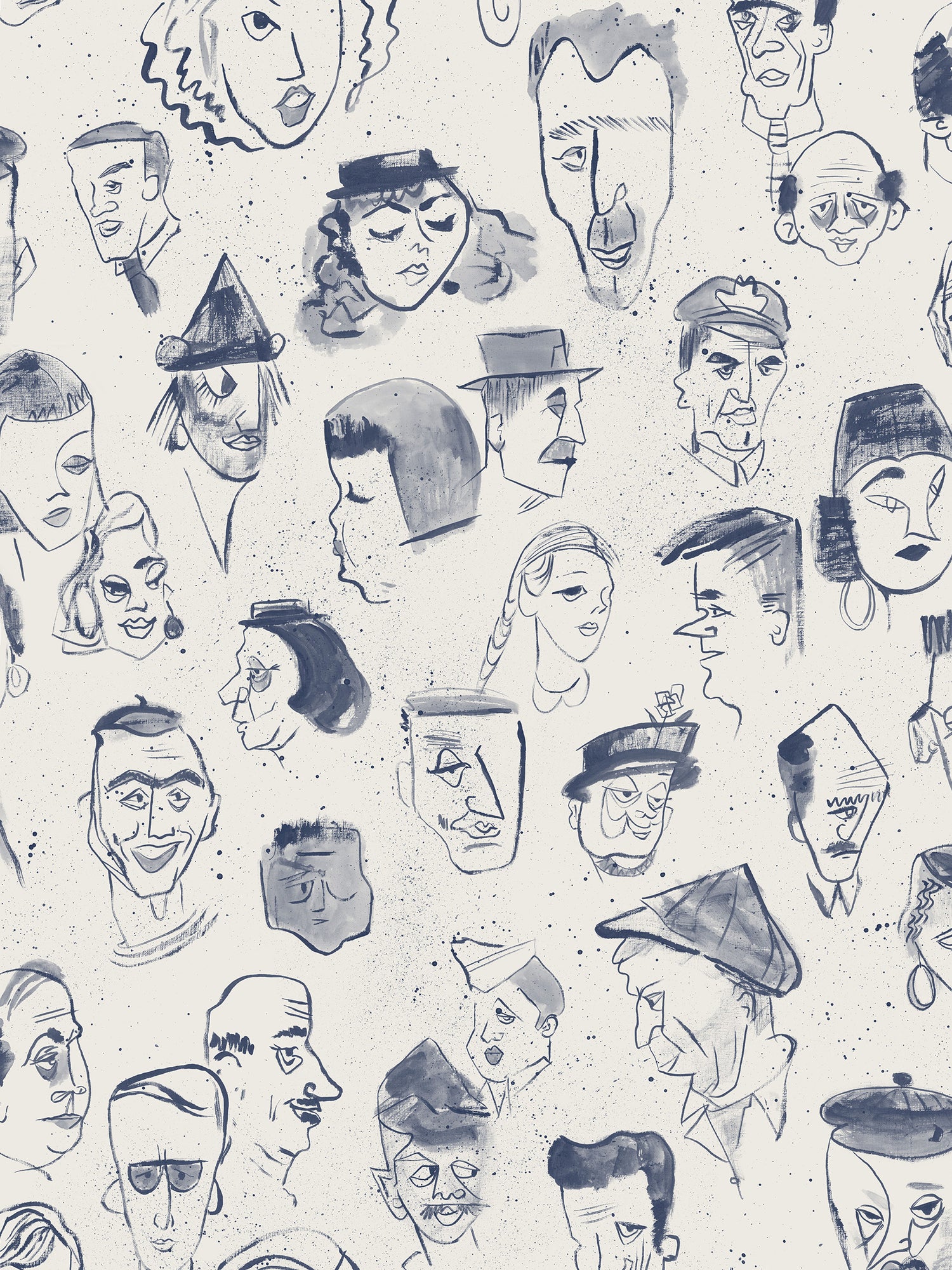 A repeat pattern of hand-drawn caricature faces in dark blue ink on a warm off-white textured background.