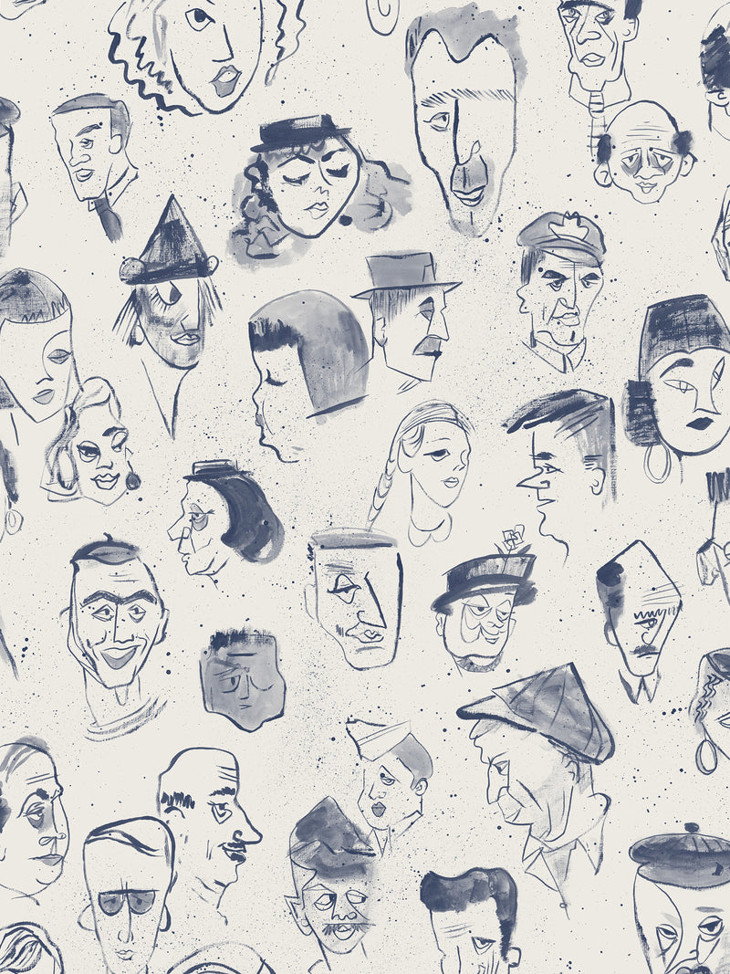 A repeat pattern of hand-drawn caricature faces in dark blue ink on a warm off-white textured background.