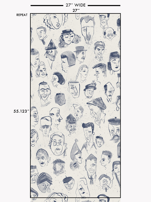 A repeat pattern of hand-drawn caricature faces in dark blue ink on a warm off-white textured background.