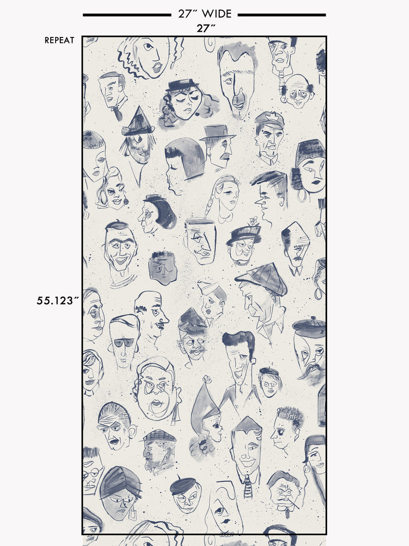 A repeat pattern of hand-drawn caricature faces in dark blue ink on a warm off-white textured background.