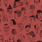 A repeat pattern of hand-drawn caricature faces in black on a dark red textured background.