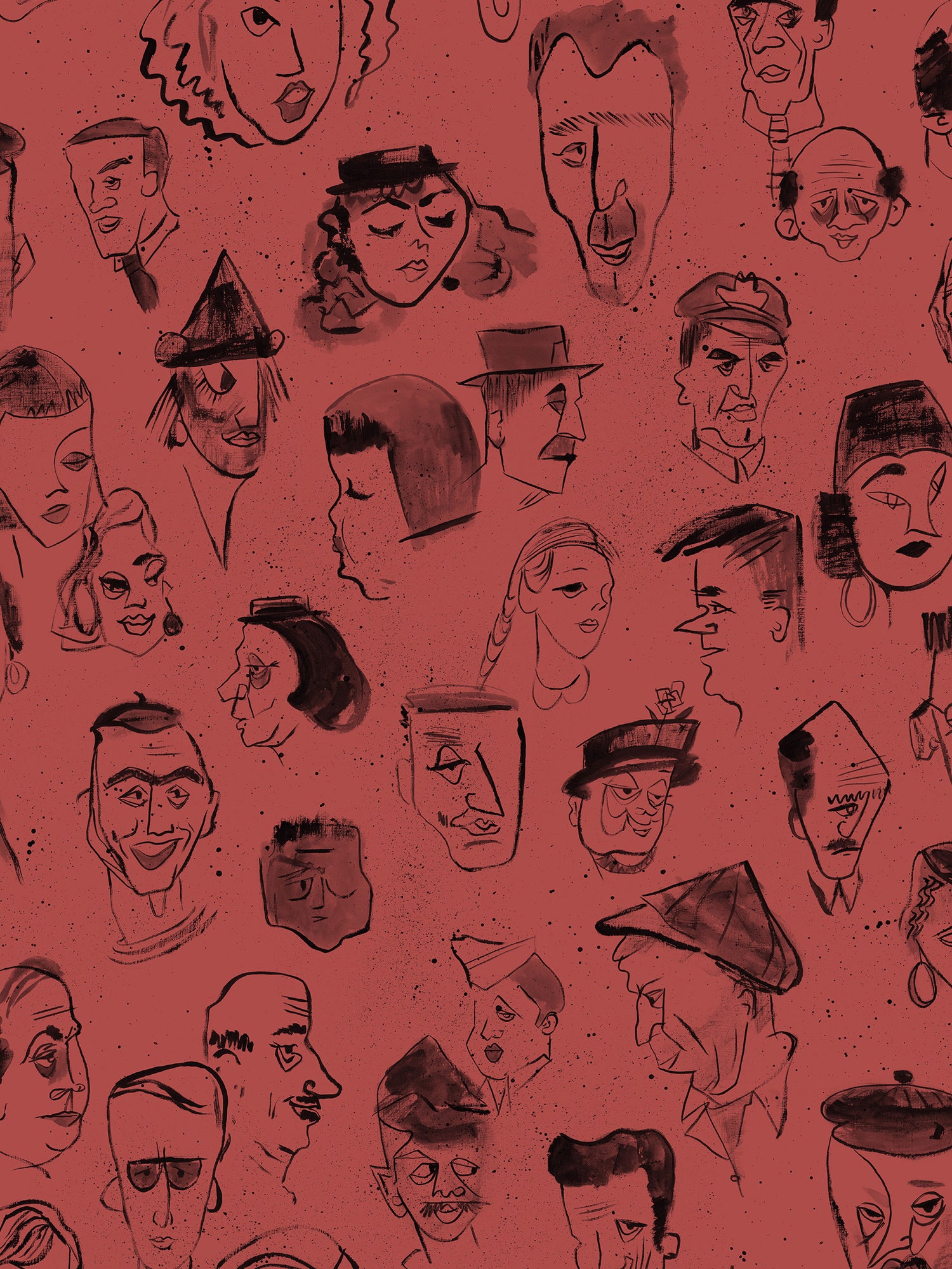 A repeat pattern of hand-drawn caricature faces in black on a dark red textured background.