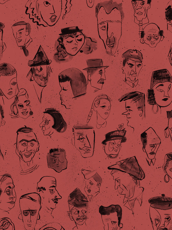 A repeat pattern of hand-drawn caricature faces in black on a dark red textured background.