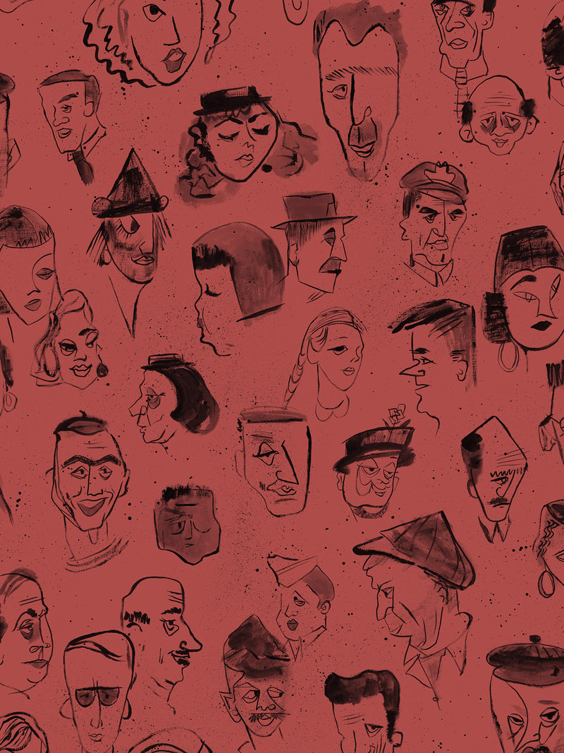 A repeat pattern of hand-drawn caricature faces in black on a dark red textured background.