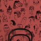 A repeat pattern of hand-drawn caricature faces in black on a dark red textured background.