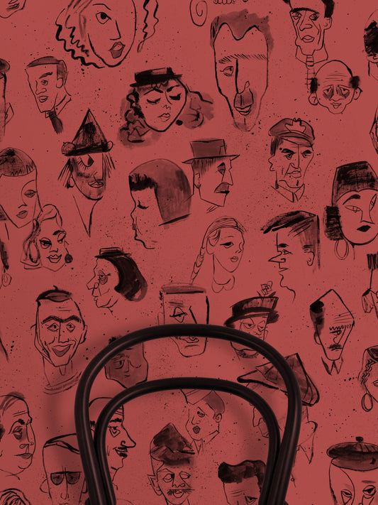 A repeat pattern of hand-drawn caricature faces in black on a dark red textured background.