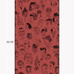 A repeat pattern of hand-drawn caricature faces in black on a dark red textured background.