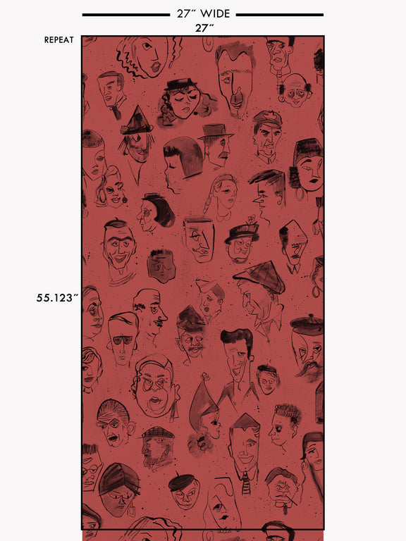 A repeat pattern of hand-drawn caricature faces in black on a dark red textured background.