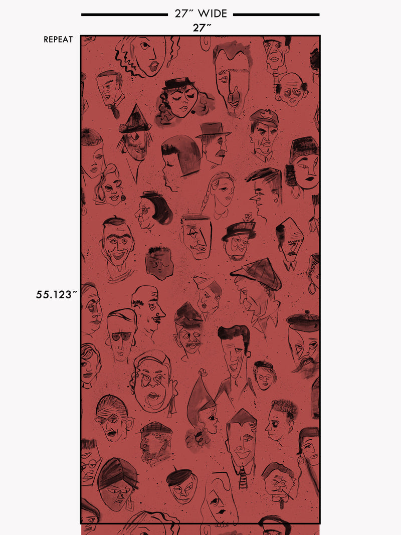 A repeat pattern of hand-drawn caricature faces in black on a dark red textured background.