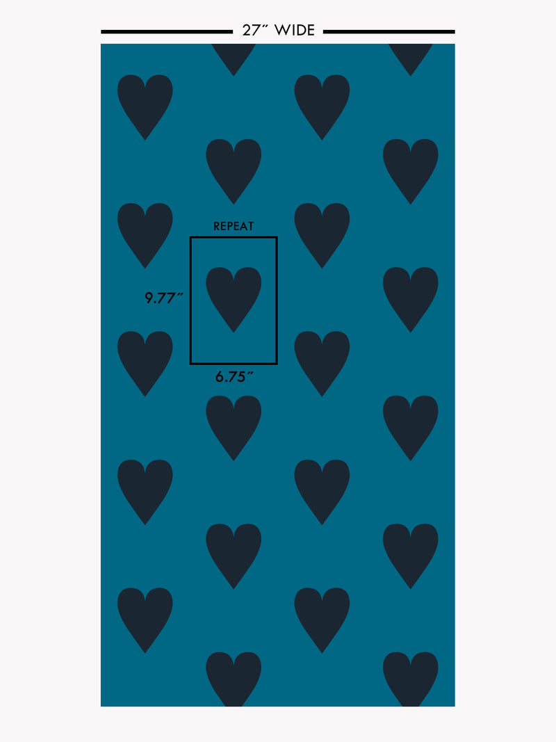Hand screen printed wallpaper featuring black hearts on a blue background.