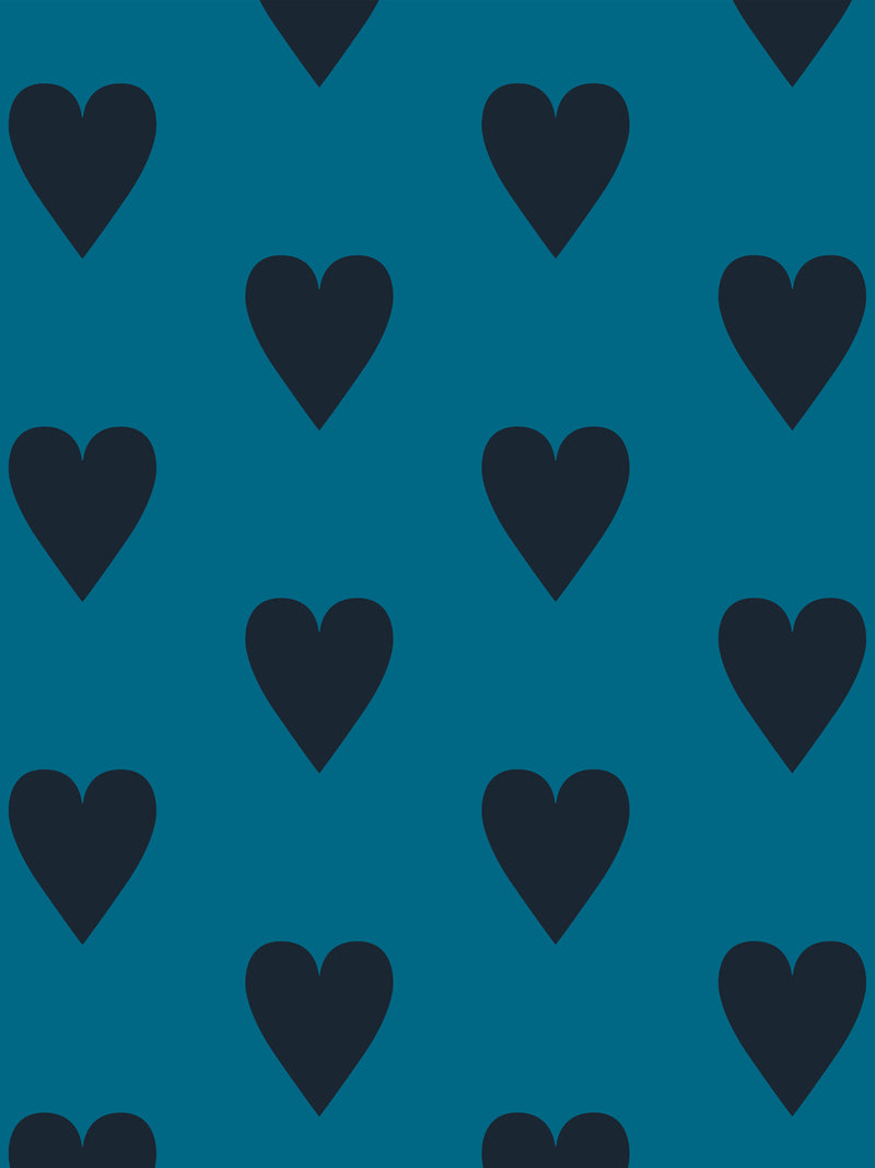 Hand screen printed wallpaper featuring black hearts on a blue background.